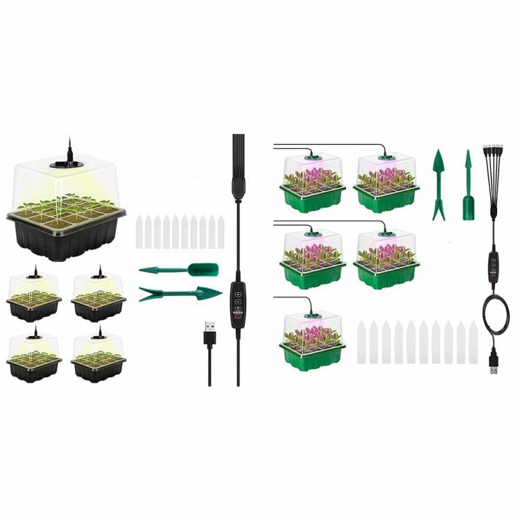 Planting & Protective Gears | 5 Pack Seed Starter Tray with LED Grow Light & Timer Seeding Starter Kit Garden Tools Black/Green